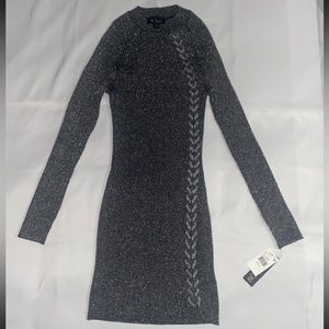 NWT BCX Mock Neck Elevated Side Cableknit Gunmetal Metallic Sweater Dress
